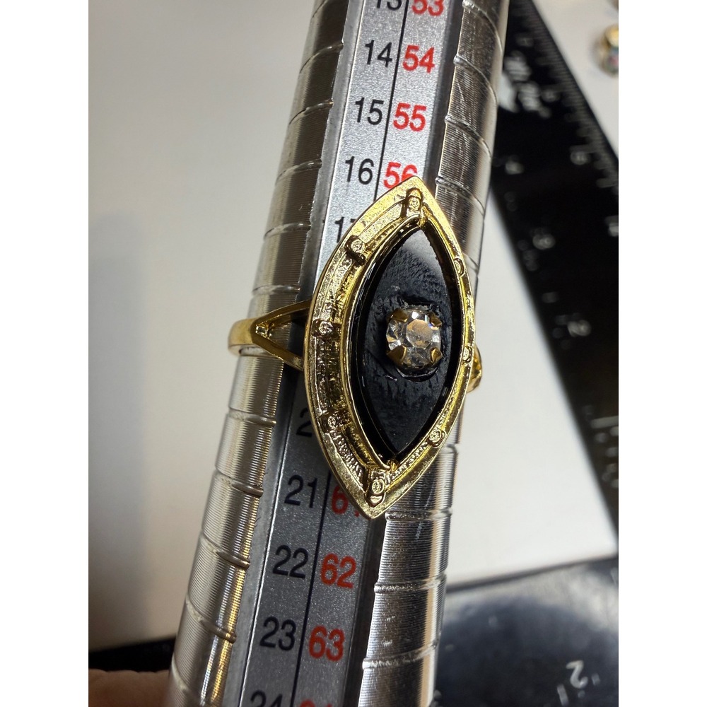 Gold Tone Marquise Black Onyx Rhinestone Statement Ring Size 8.5